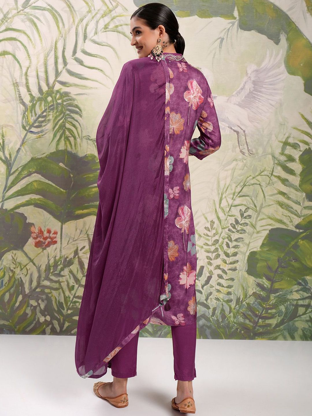 Vishudh Burgundy Floral Printed Beads & Stones Straight Kurta With Trousers & Dupatta