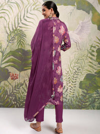 Vishudh Burgundy Floral Printed Beads & Stones Straight Kurta With Trousers & Dupatta