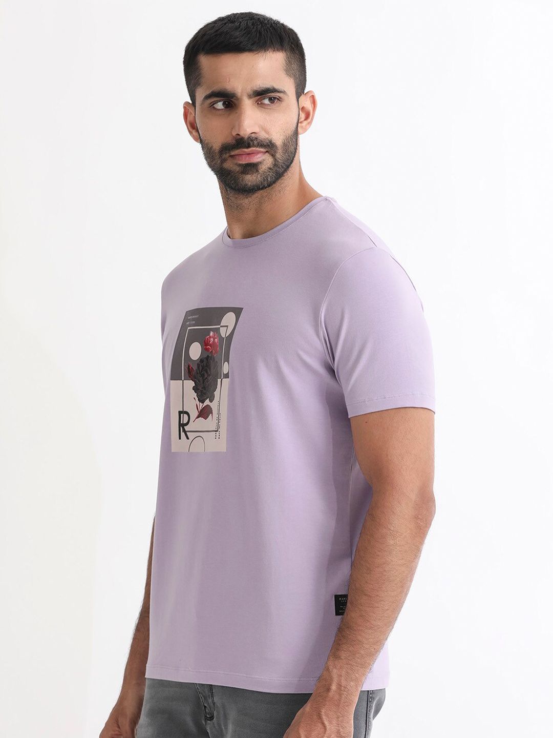 RARE RABBIT Men Dryden Graphic Printed Slim Fit Cotton T-Shirt