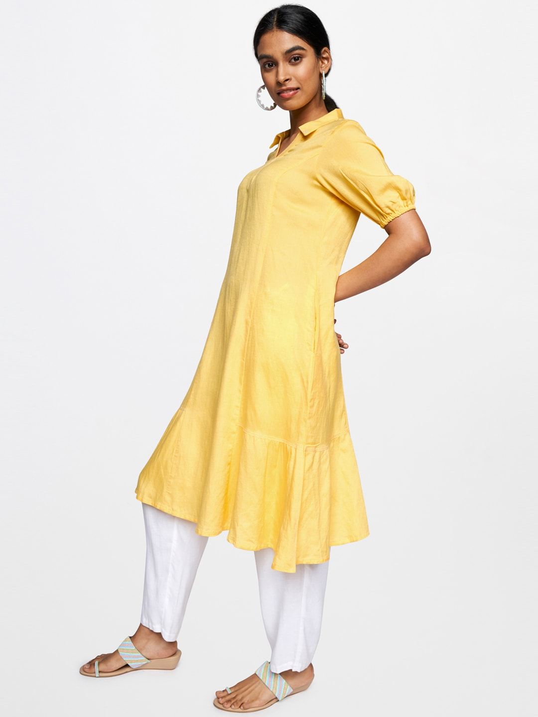 Global Desi Women Yellow Solid A-Line Kurta