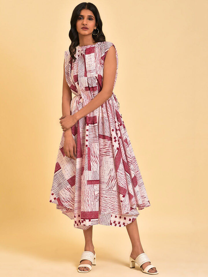 W Red Abstract Printed Extended Sleeves Cotton Fit & Flare Midi Ethnic Dress