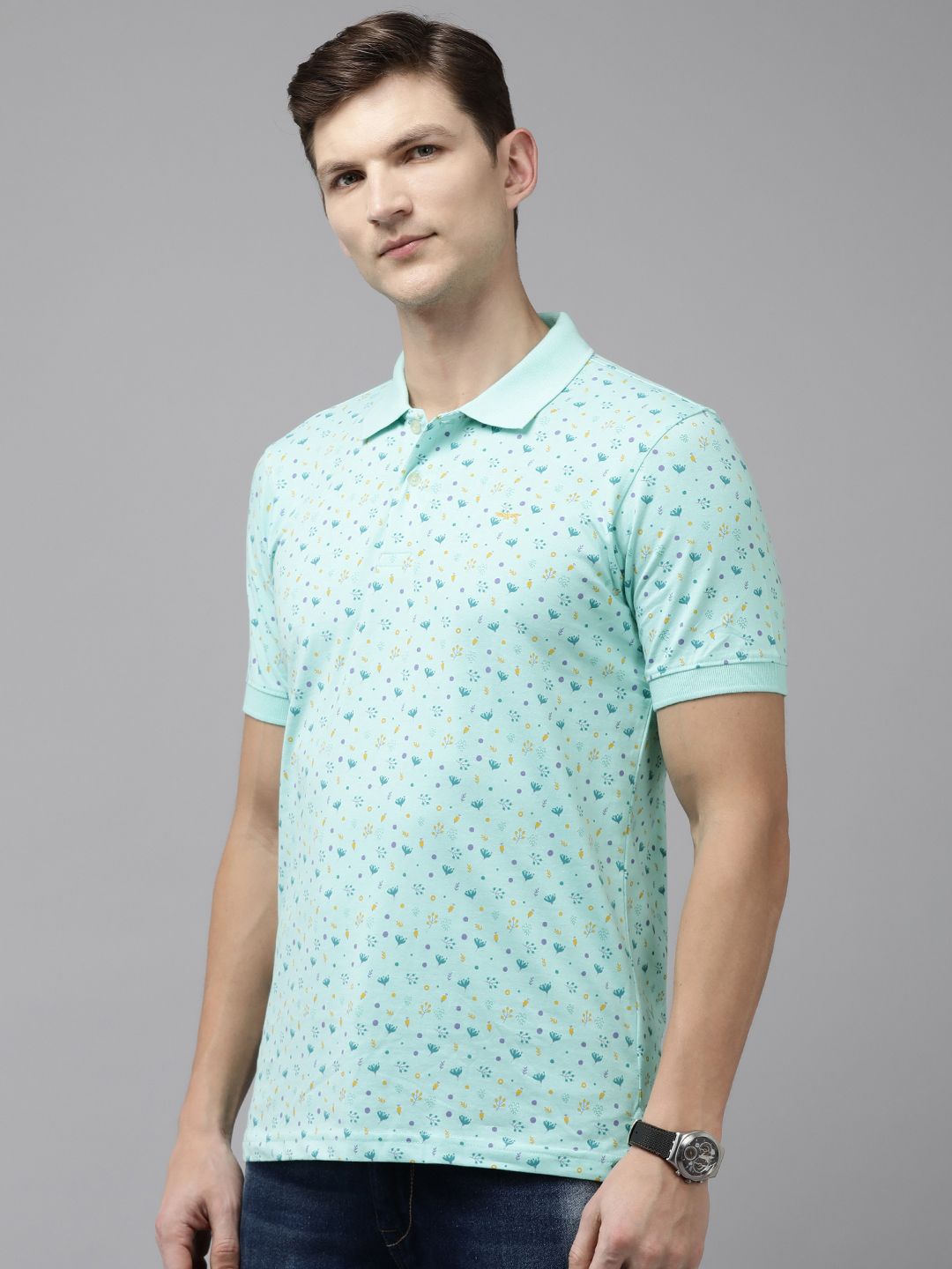 Park Avenue Floral Printed Polo Collar Slim Fit Casual T-shirt