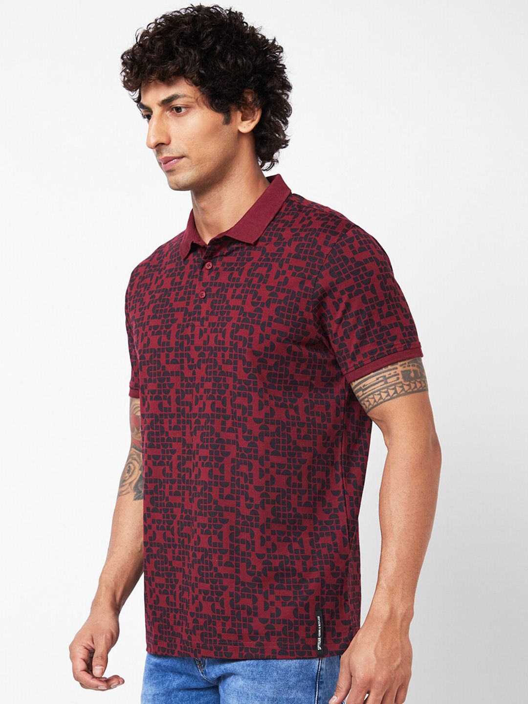SPYKAR Abstract Printed Polo Collar Slim Fit T-shirt