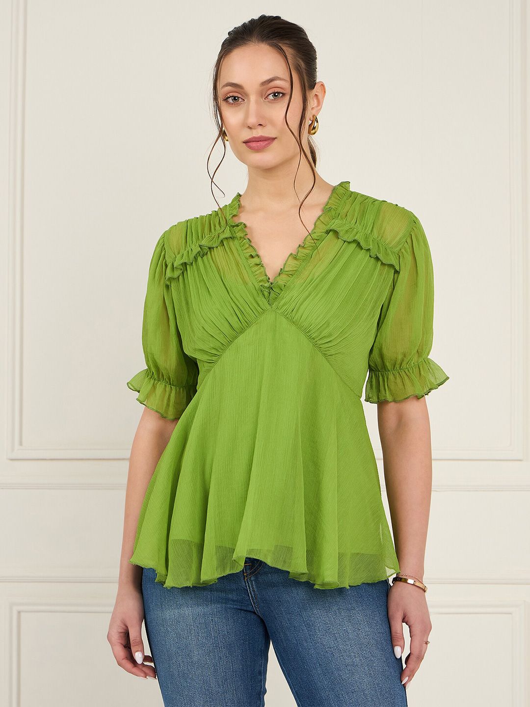 Antheaa Puff Sleeve Chiffon Empire Top