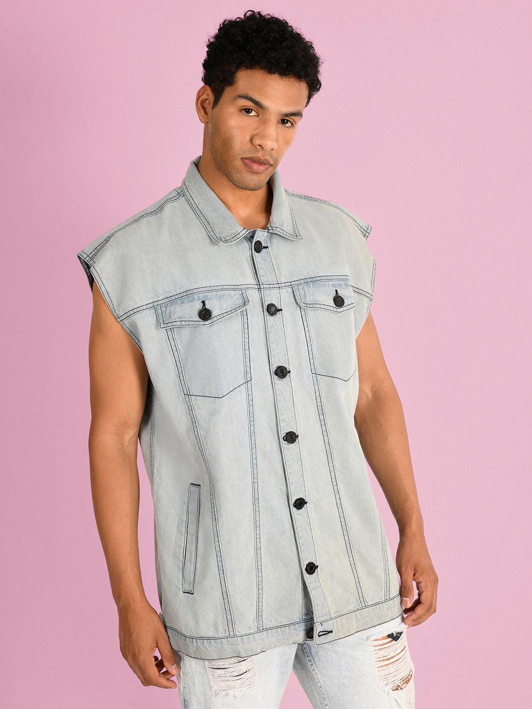 Bene Kleed Men Solid Spread Collar Washed Pure Cotton Denim Jacket