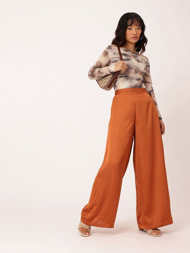 DressBerry Women Burnt Orange Glossy Grace Wide Leg Trousers