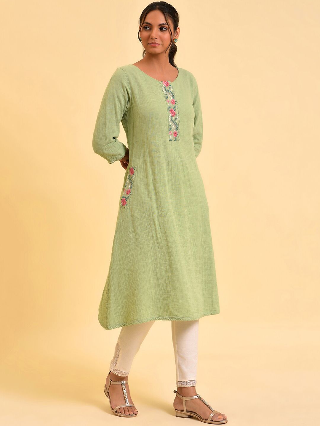 W Green Floral Embroidered A-Line Pure Cotton Kurta