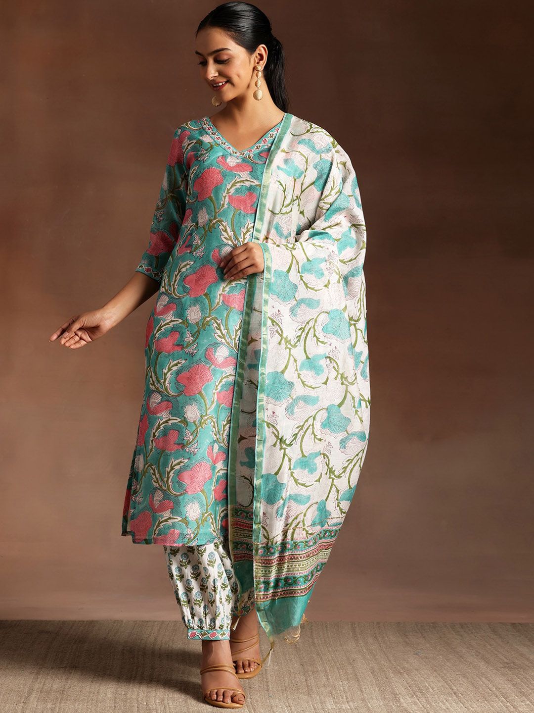 Libas Floral Printed Regular Beads and Stones Pure Cotton Kurta with Salwar & Dupatta