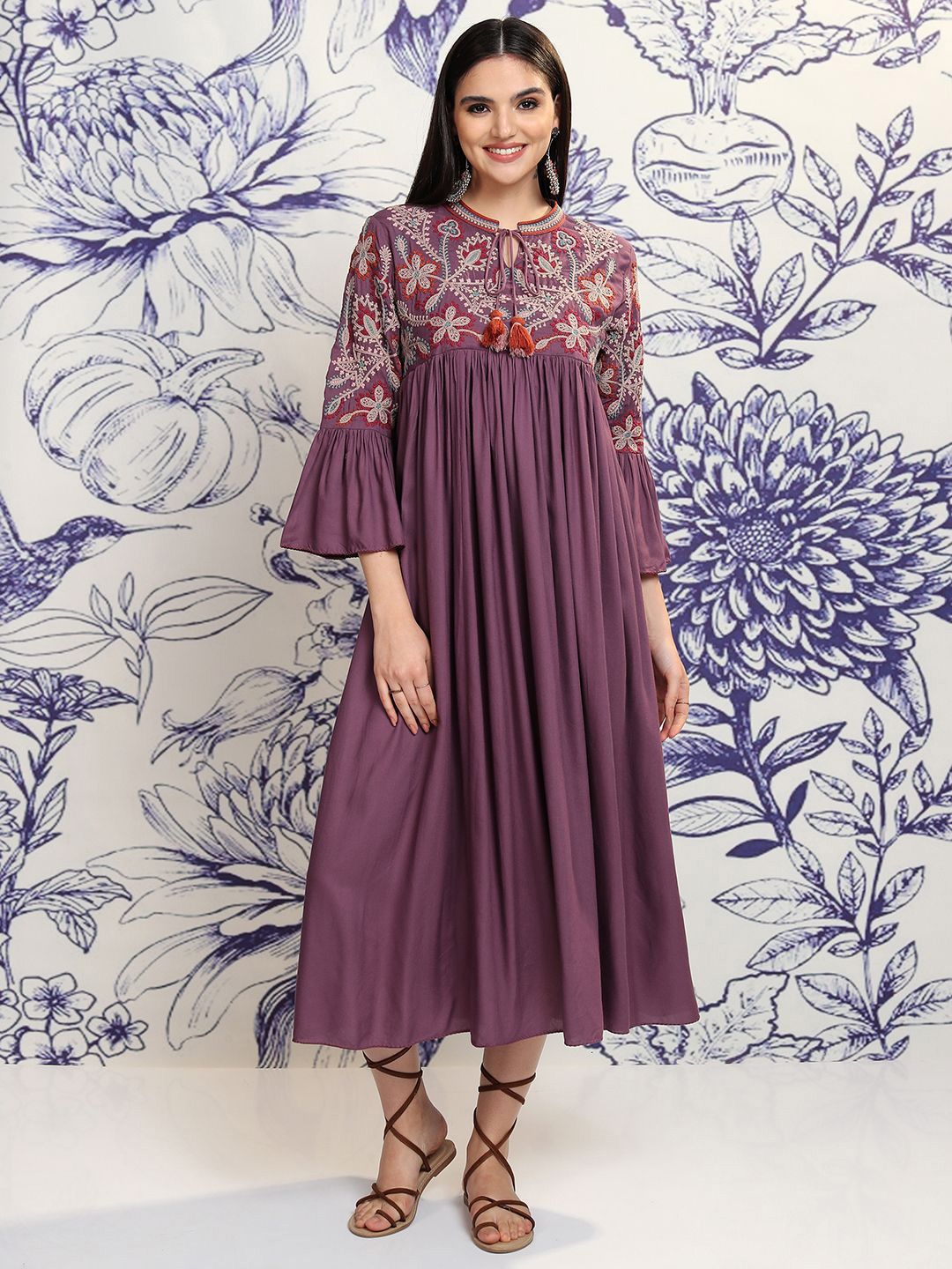 Vishudh Women Embroidered Tie-Up Neck Flared Sleeves Gathered Empire Midi Ethnic Dress