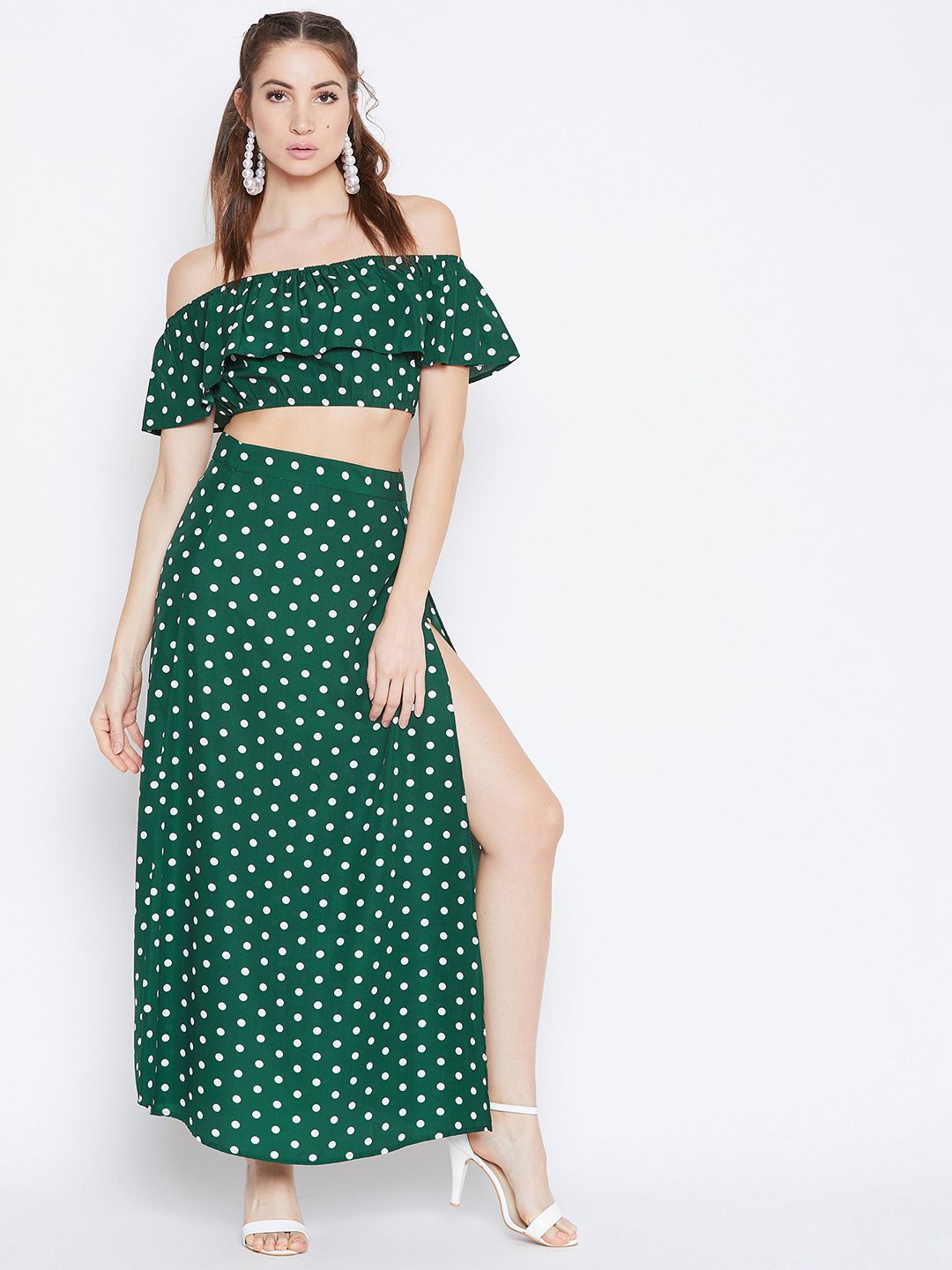 Berrylush Green Polka Dot Print Two-Piece Bardot Dress