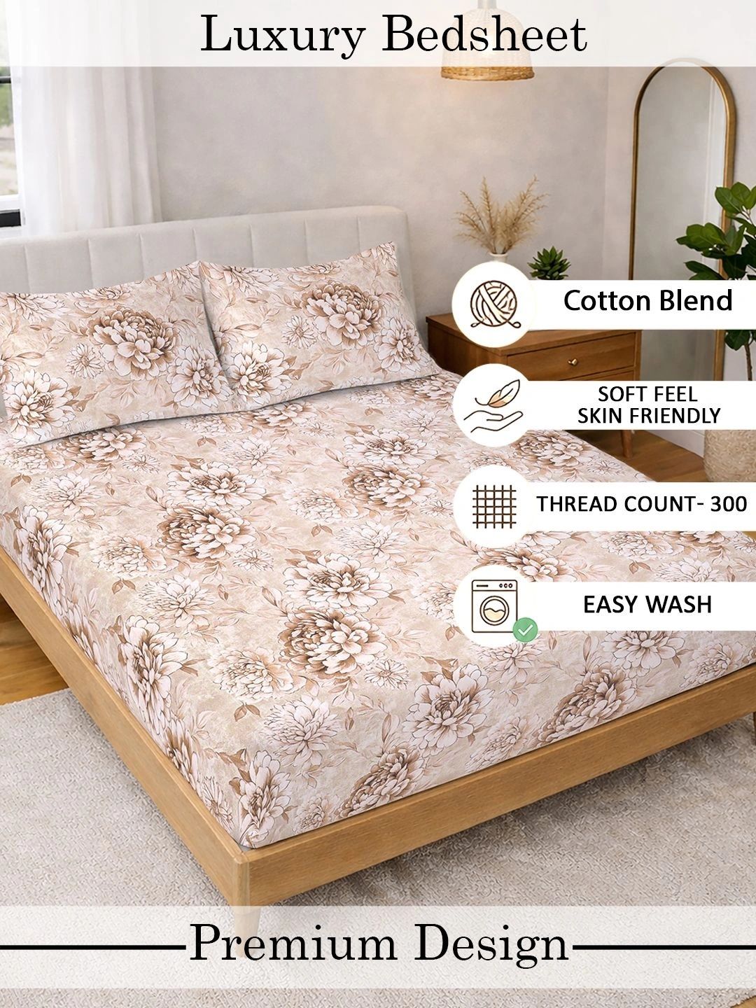 KLOTTHE Beige Floral 300 TC Cadar Super King Halus