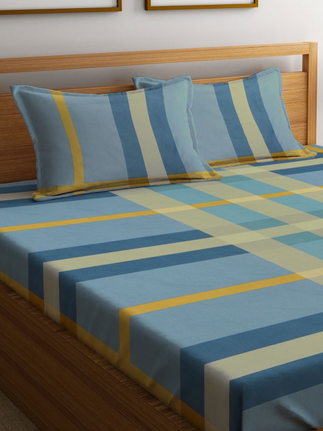 Myntra Elegant Homes Biru & Beige Printed 300 TC Set Cadar King 2.45 x 2.24 m
