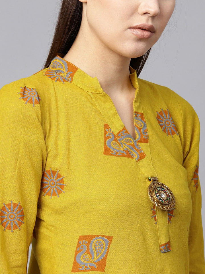 SOJANYA Kurta A-Line Printed Mustard Kuning & Jingga Wanita