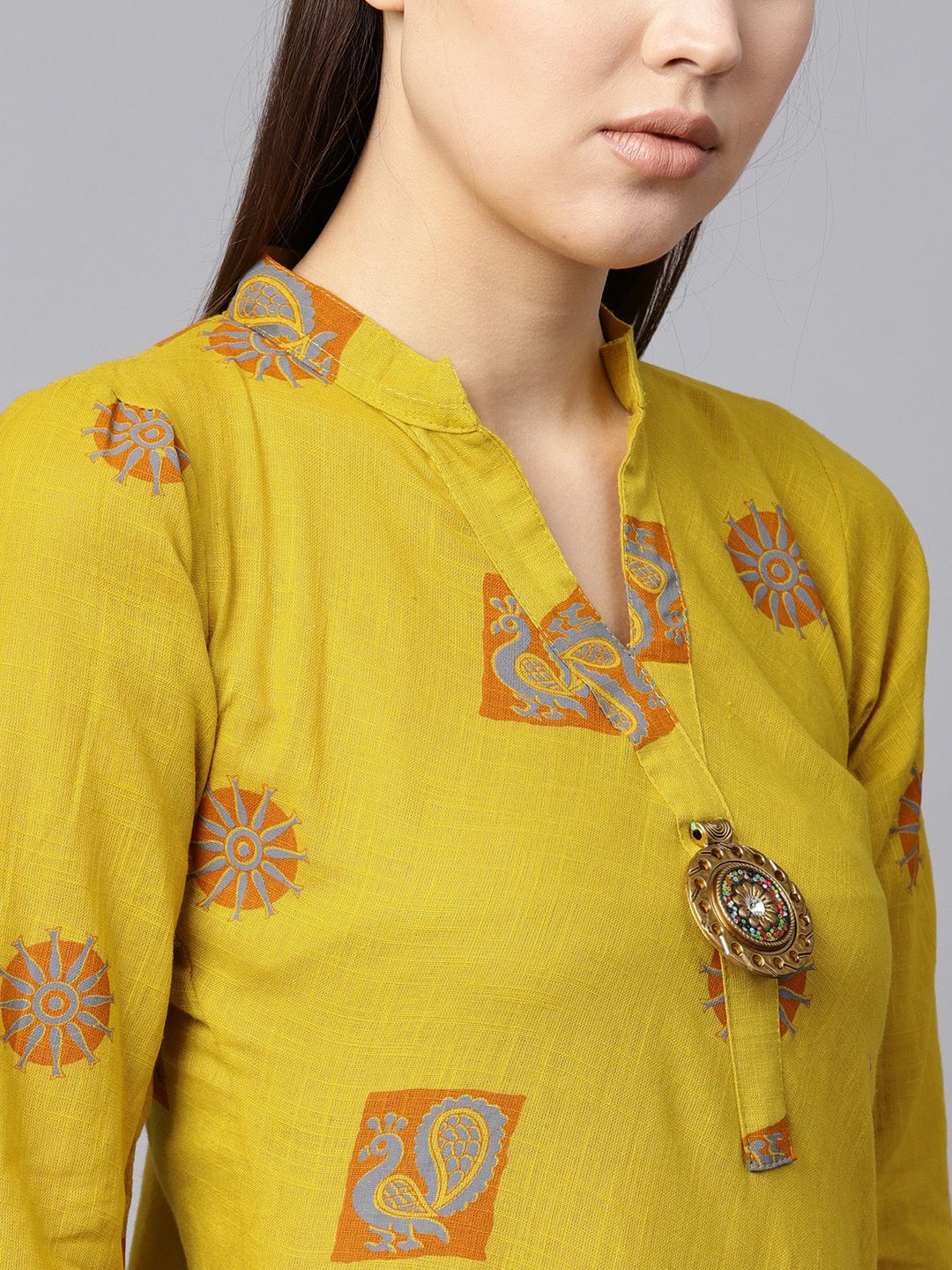 SOJANYA Kurta A-Line Printed Mustard Kuning & Jingga Wanita
