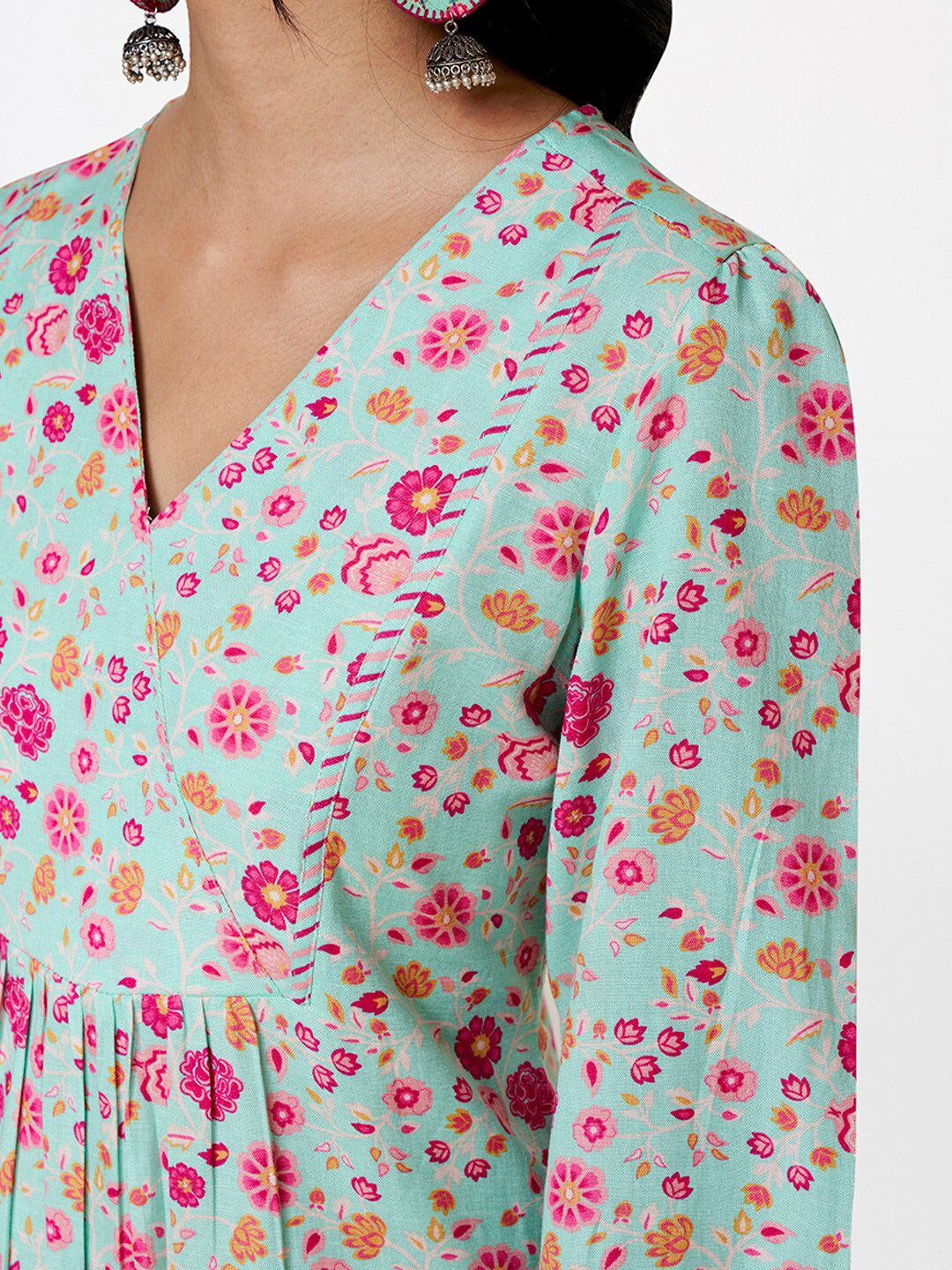 Global Desi Floral Printed Puff Sleeves A-Line Dress