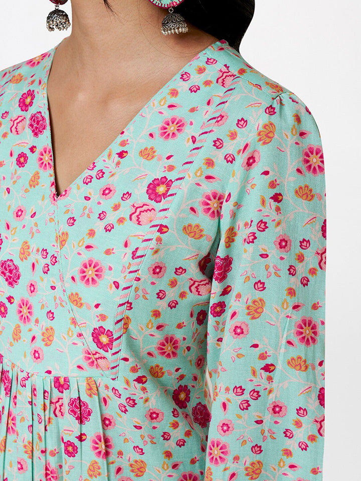 Global Desi Floral Printed Puff Sleeves A-Line Dress
