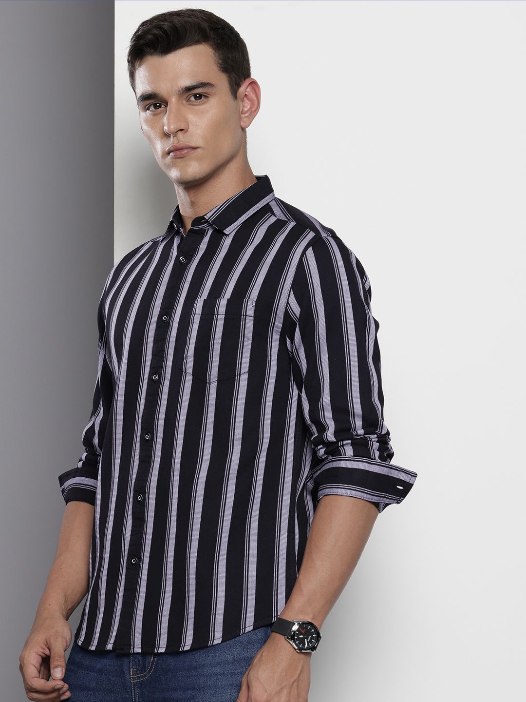 The Indian Garage Co Pure Cotton Slim Fit Opaque Striped Casual Shirt