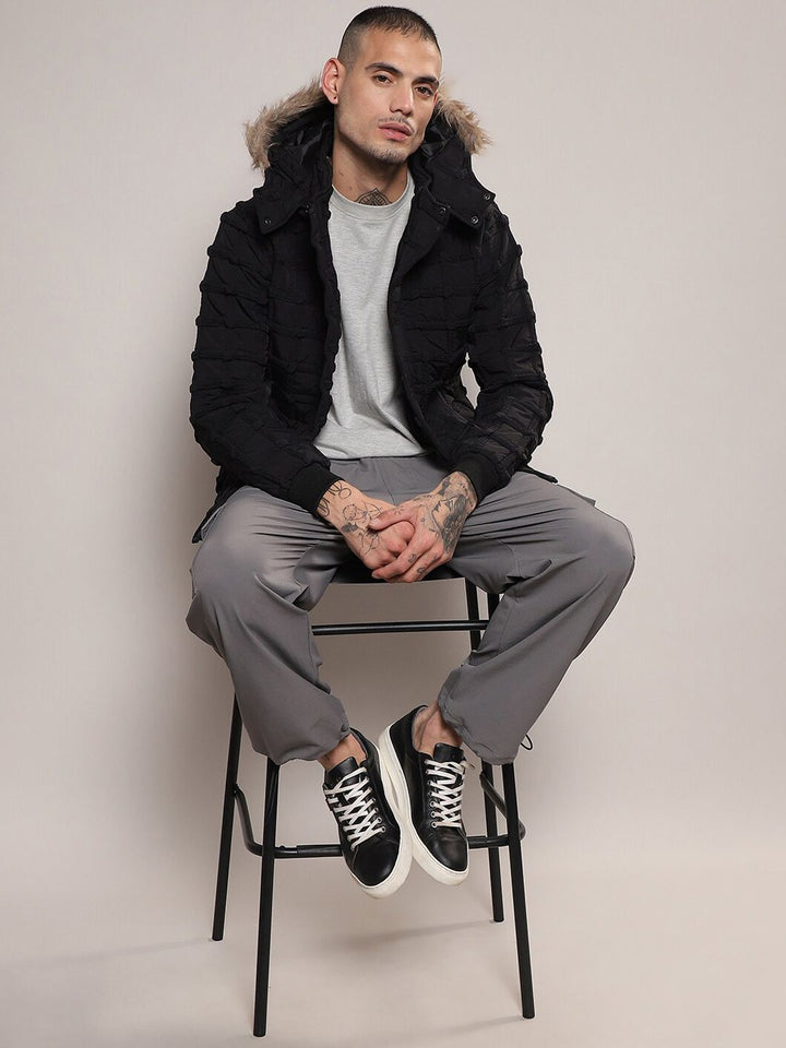 Campus Sutra Self-Design Hooded Windcheater Puffer Jacket