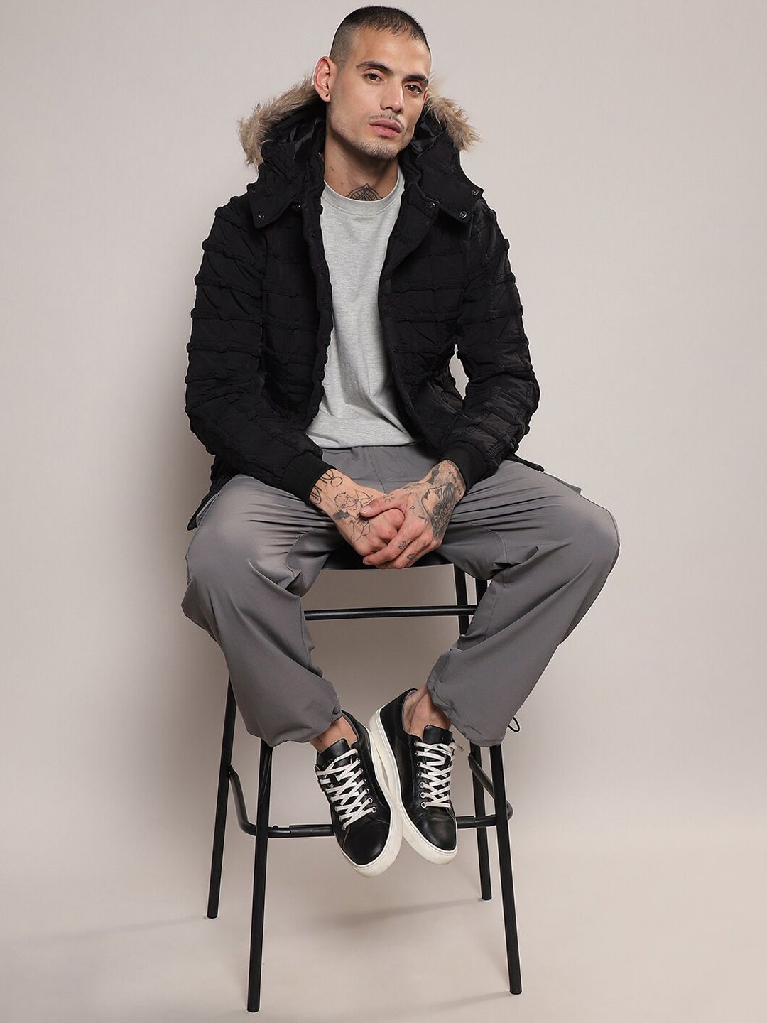Campus Sutra Self-Design Hooded Windcheater Puffer Jacket