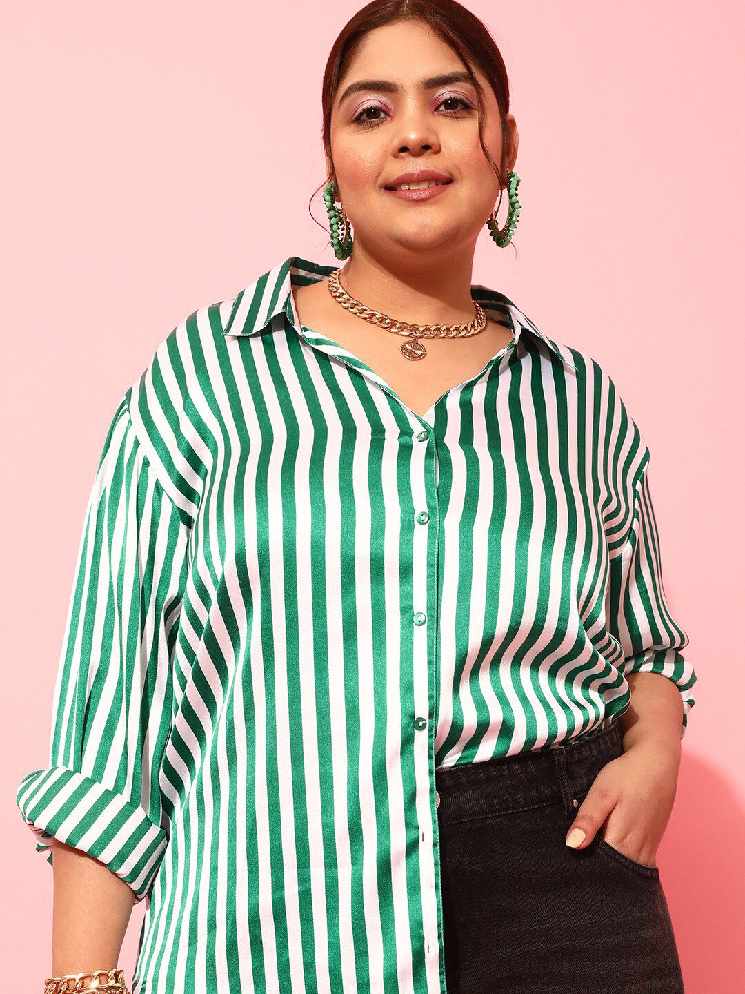 CURVY STREET Plus Size Green & White Vertical Striped Spread Collar Comfort Satin Shirt