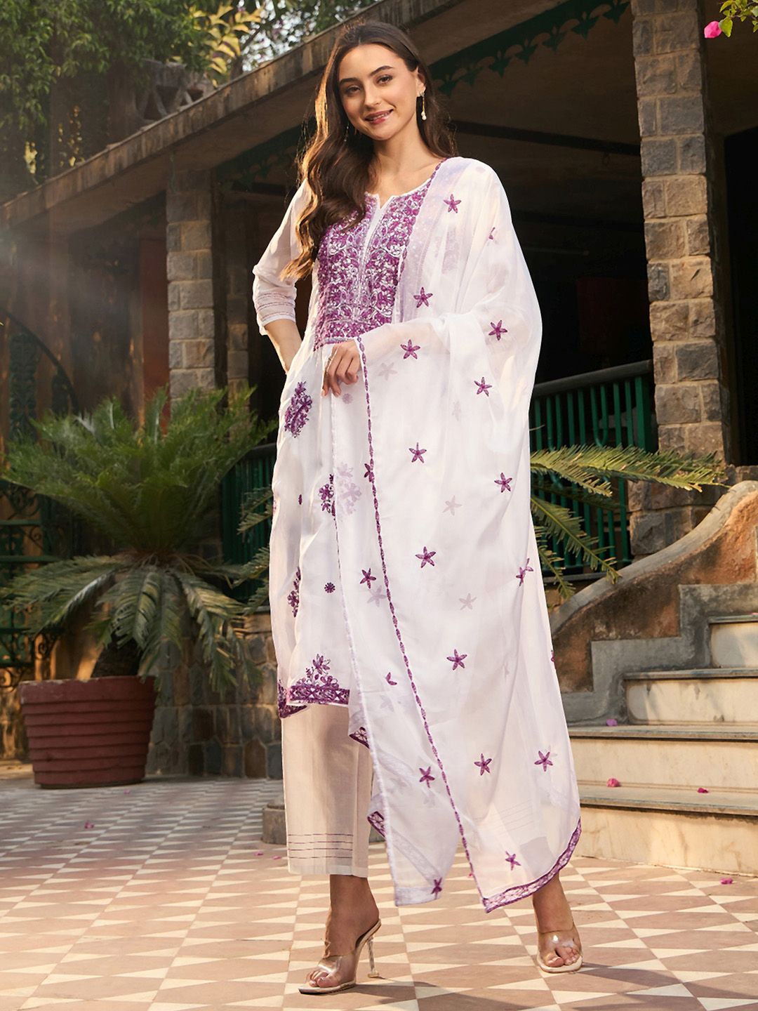 Indo Era Floral Embroidered Regular Thread Work Kurta with Trousers & Dupatta