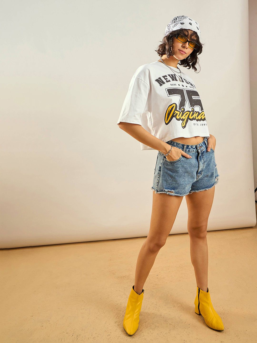 SASSAFRAS White Typography Printed Round Neck Pure Cotton Oversized Crop T-shirt