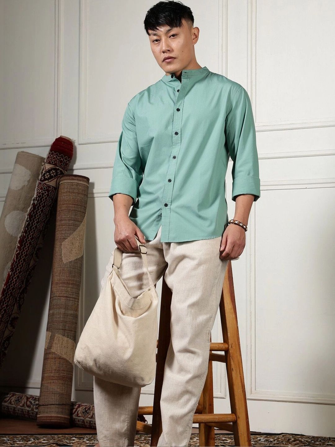Eszett Long Sleeves Mandarin Collar Opaque Pure Cotton Regular Fit Casual Shirt