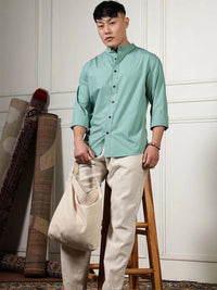 Eszett Long Sleeves Mandarin Collar Opaque Pure Cotton Regular Fit Casual Shirt