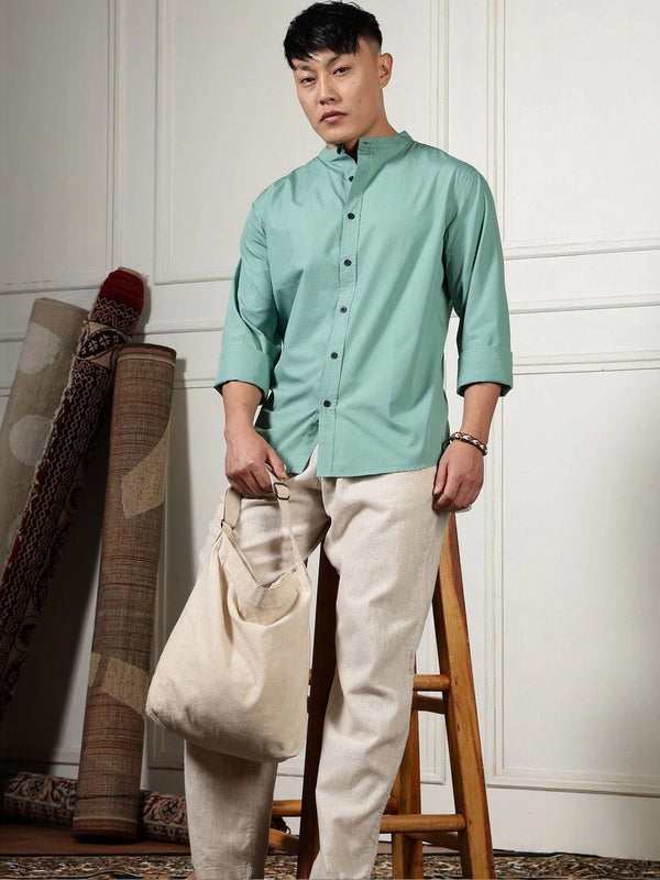 Eszett Long Sleeves Mandarin Collar Opaque Pure Cotton Regular Fit Casual Shirt