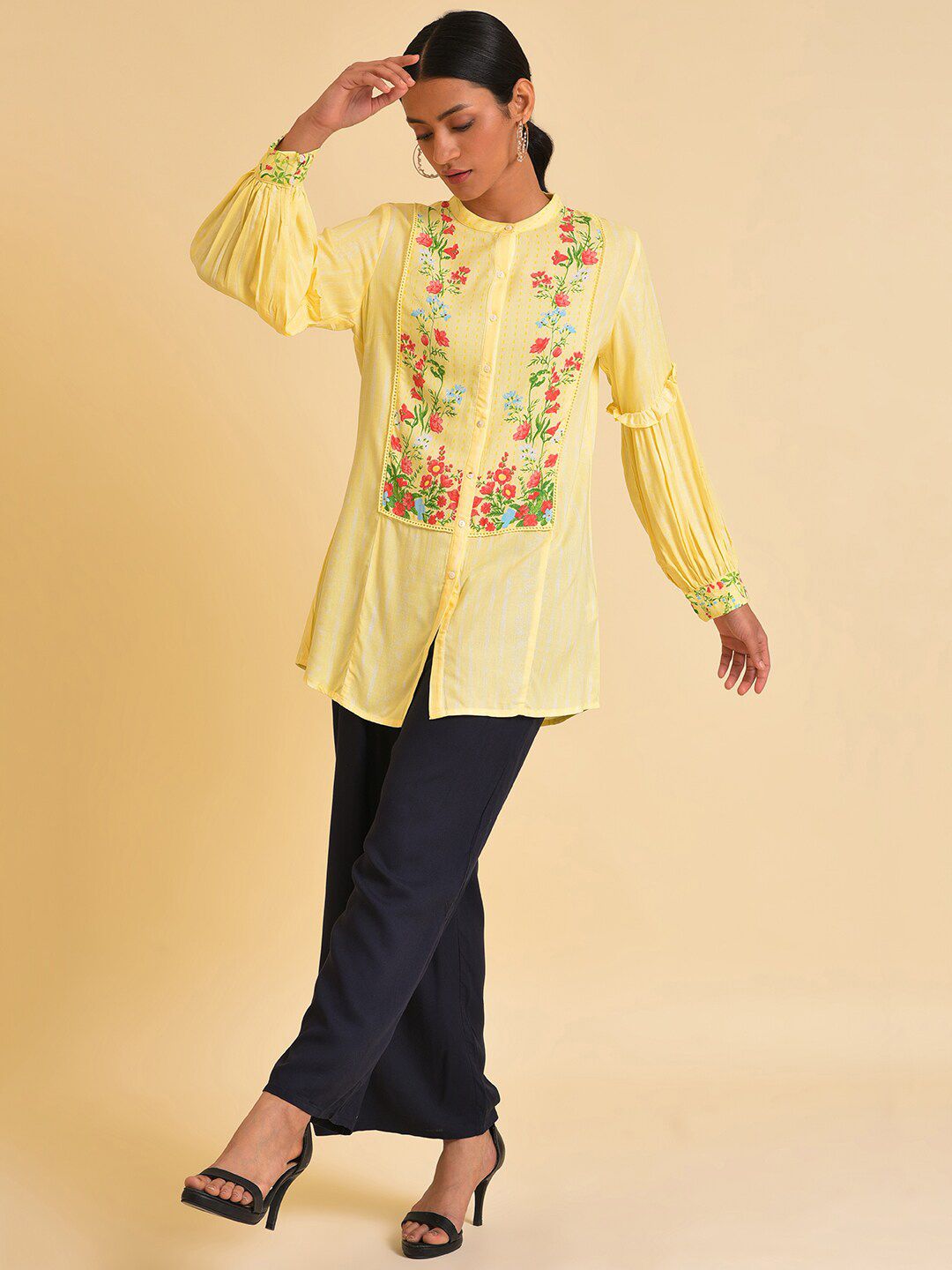 W Yellow & Red Floral Printed Mandarin Collar Shirt Style Longline Top