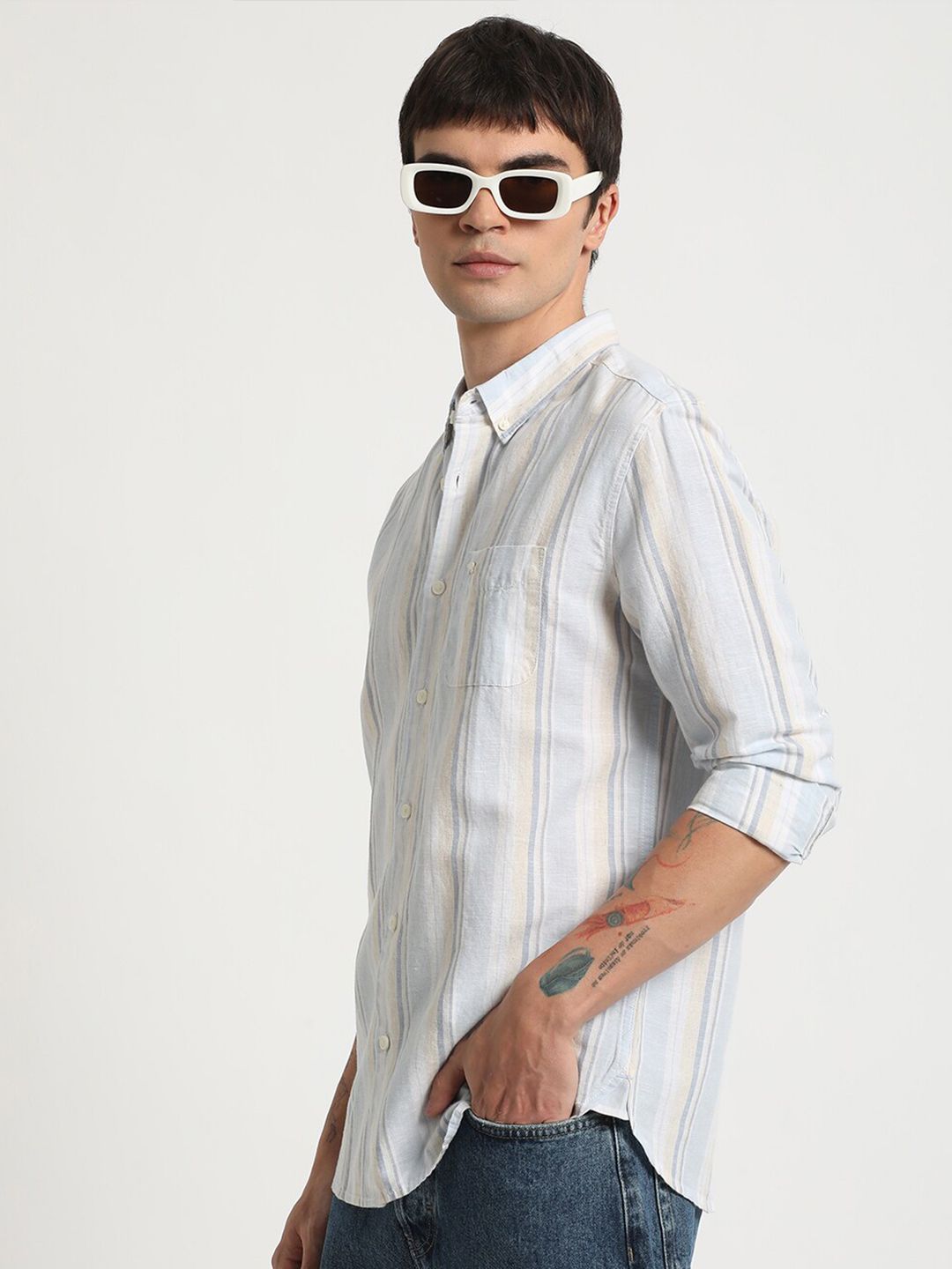 THE BEAR HOUSE Striped Slim Fit Cotton Linen Shirt