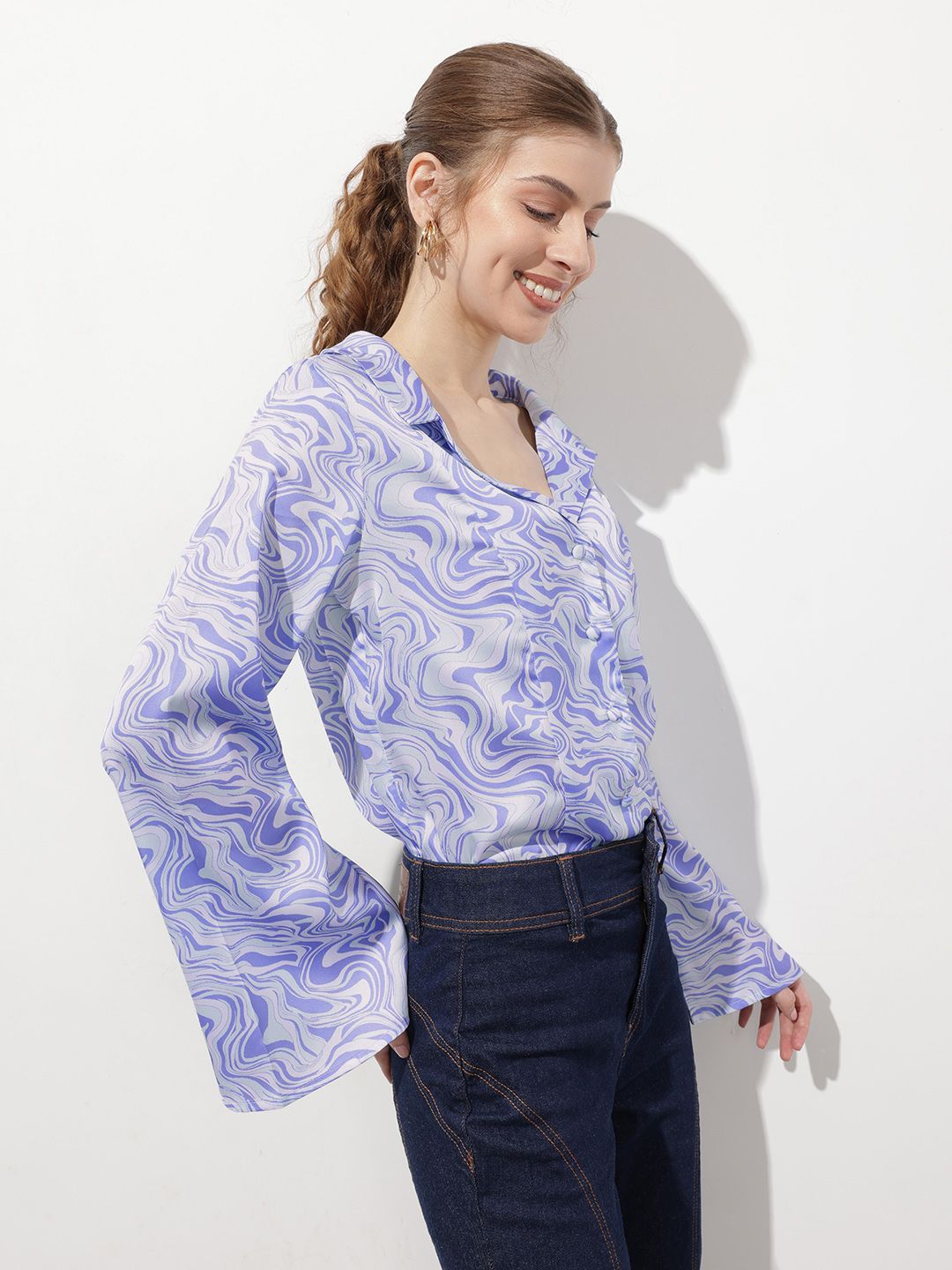 DressBerry Edgy Instinct Lapel Collar Marble Print Shirt