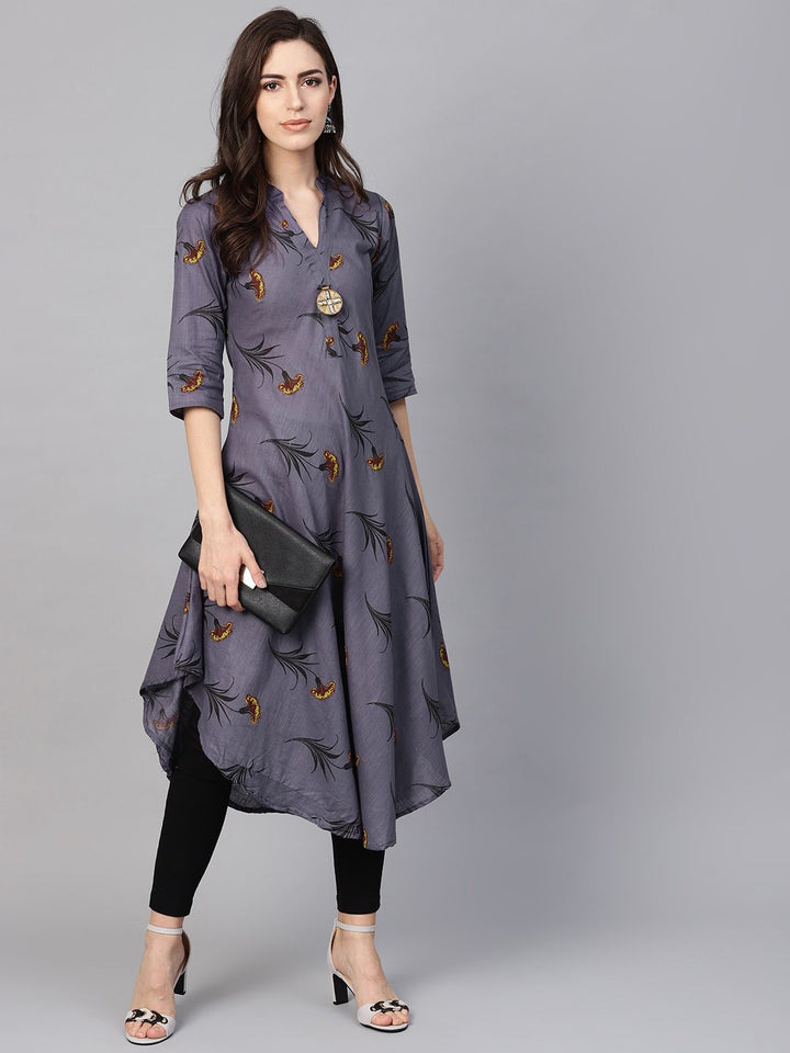 SOJANYA Kurta Bercetak A-Line Wanita Kelabu & Hitam