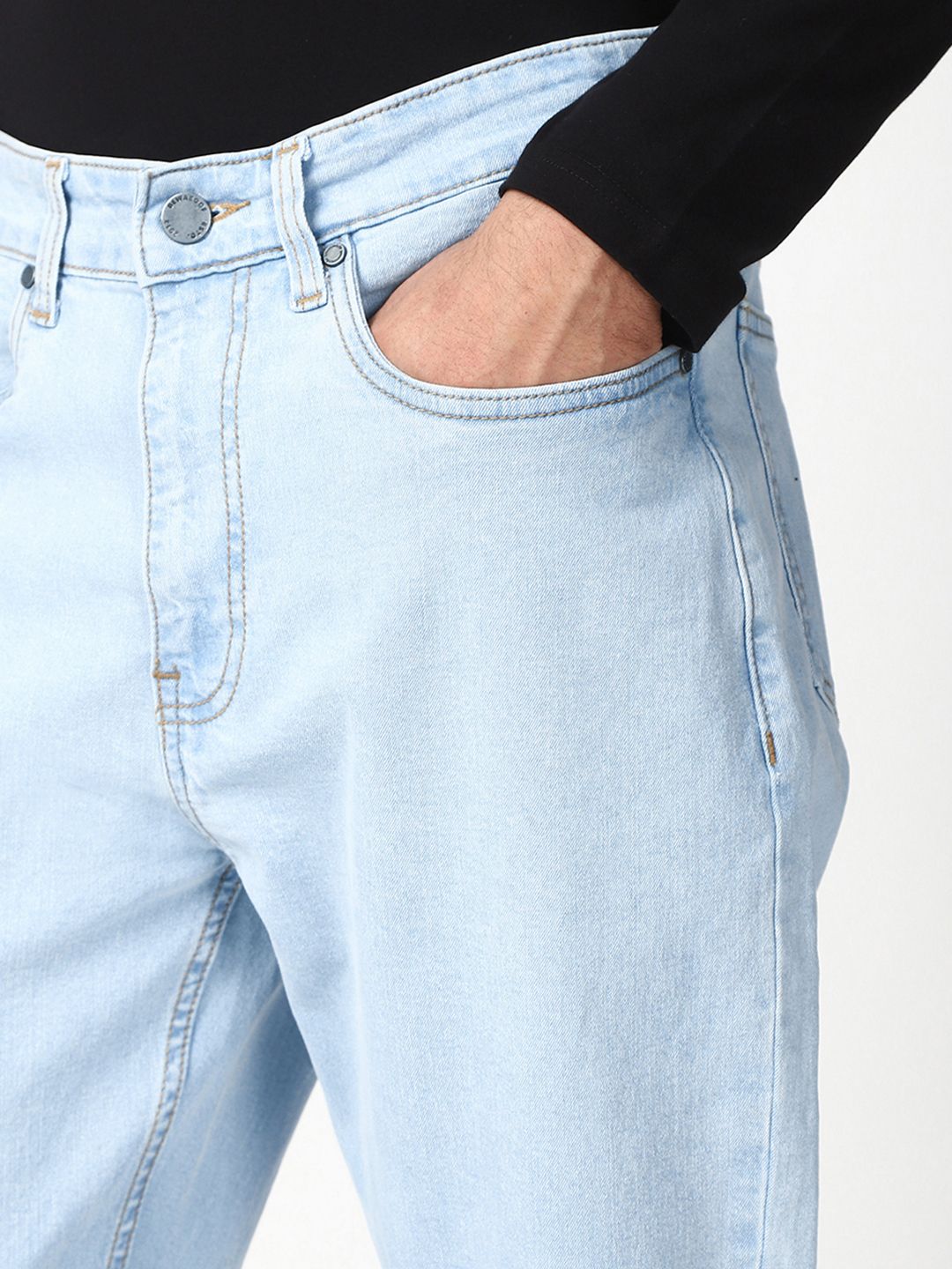 Bewakoof Men's Light Blue Slim Straight Fit Stretchable Washed Mid-Rise Jeans