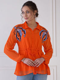 Antheaa Embroidered Floral Shirt Collar Extended Sleeves Semi Sheer Peplum Top