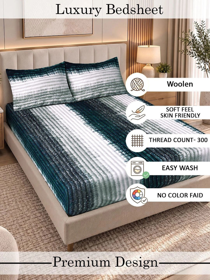 KLOTTHE Blue & White Striped 300 TC King Bedsheet with 2 Pillow Covers