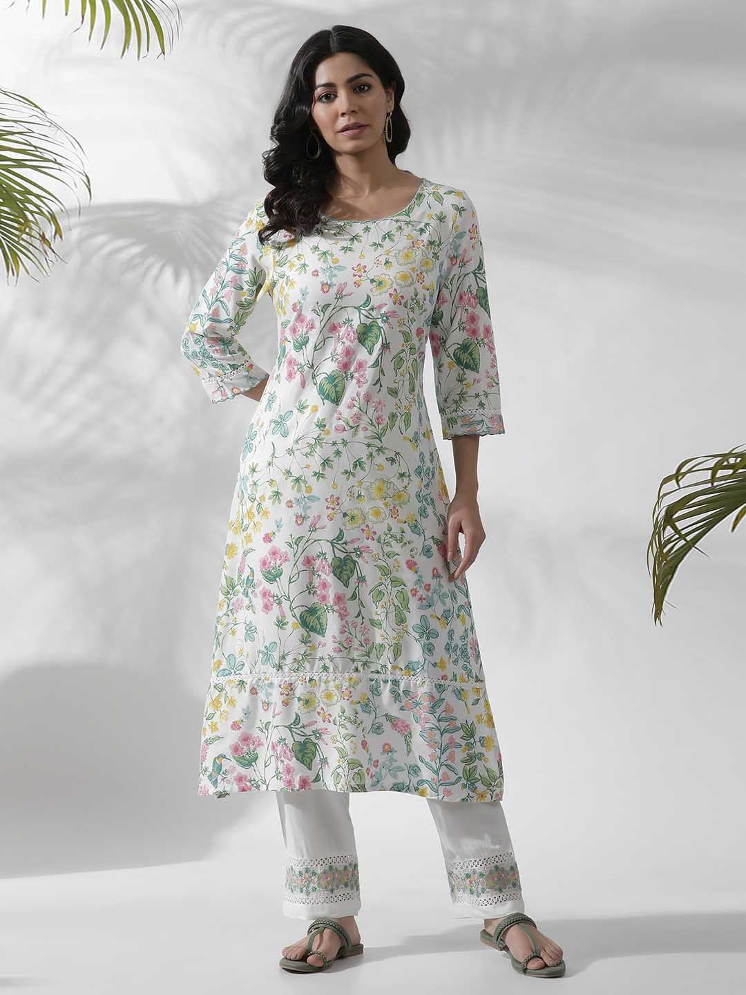 W White Floral Printed Straight Kurta