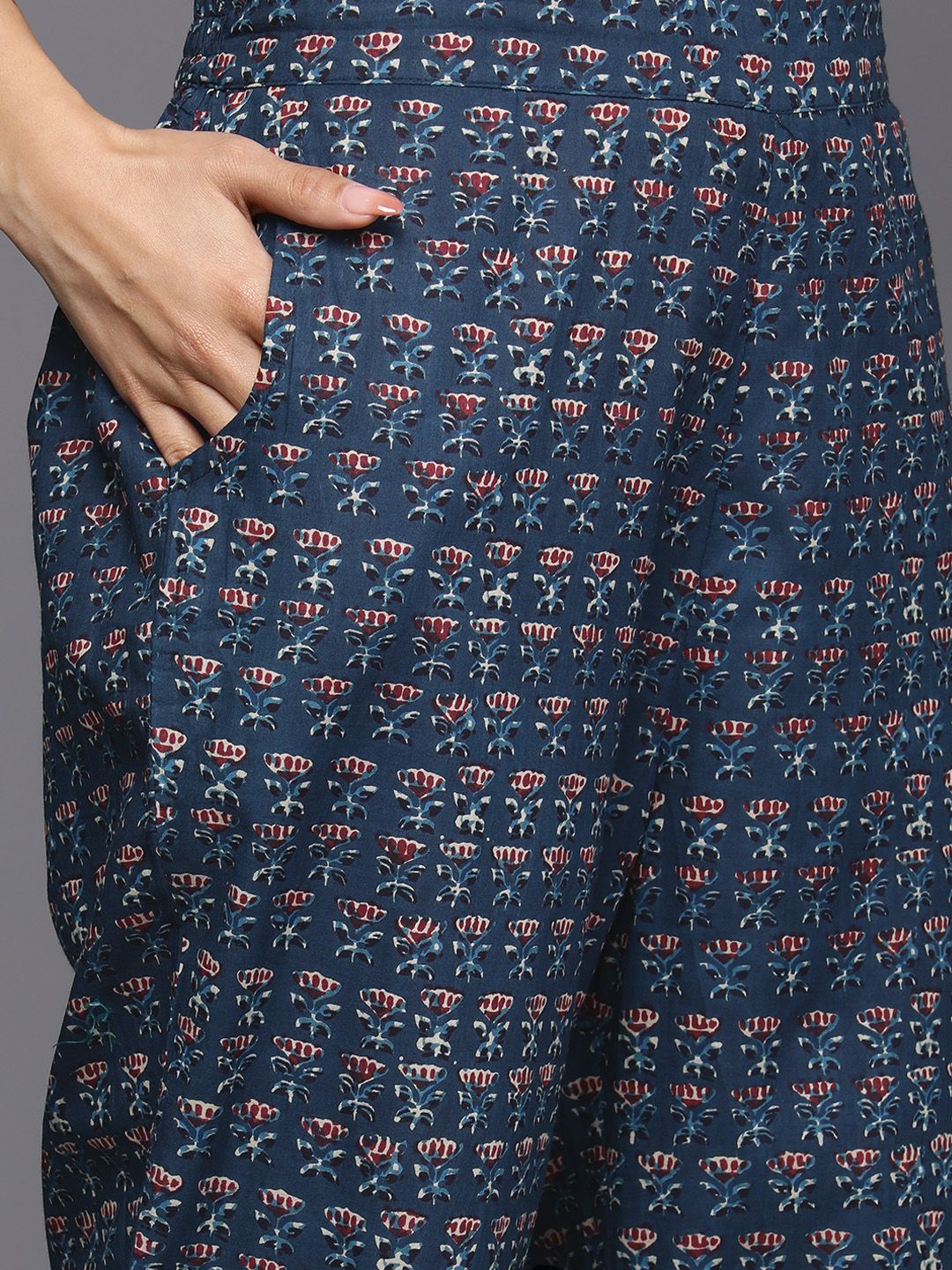 Libas Women Blue Floral Printed Gotta Patti Pure Cotton Kurta with Trousers