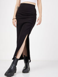 SASSAFRAS Ribbed Front Ruched Midi Skirt