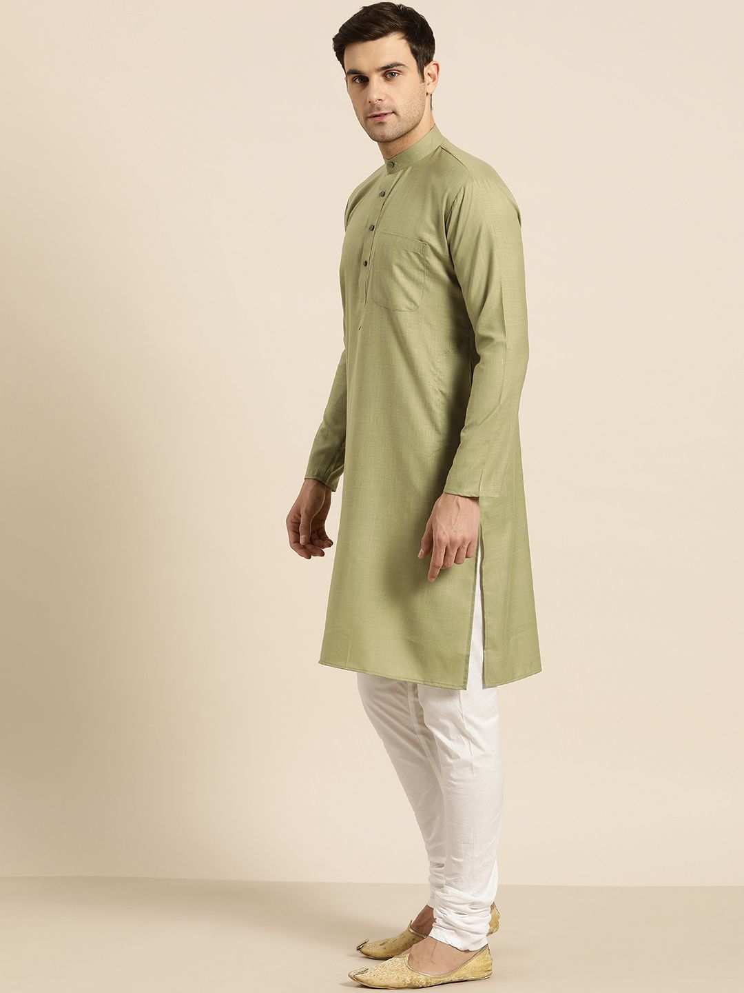 SOJANYA Men Green Solid Straight Kurta