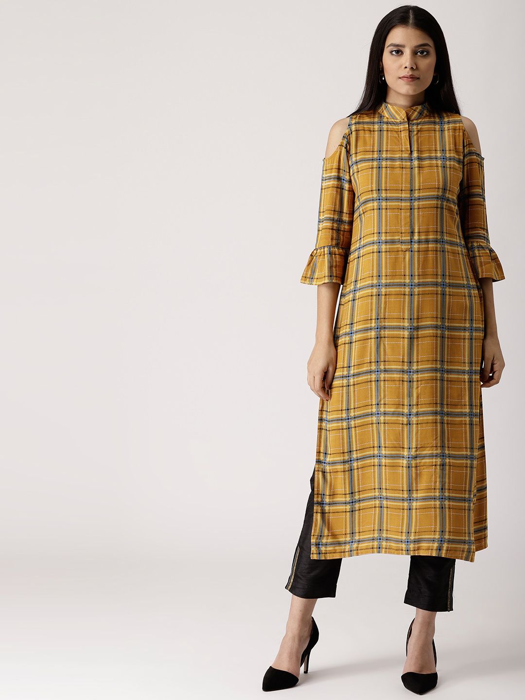 Libas Women Mustard Yellow & Blue Checked Cold-Shoulder Straight Kurta