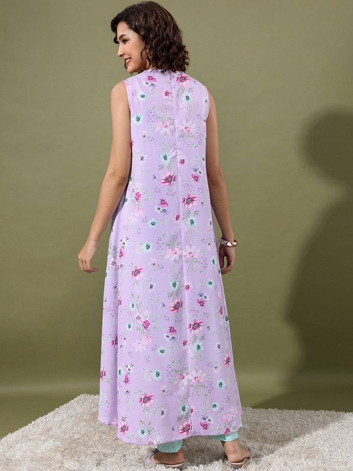 Vishudh Sea Green & Purple Ethnic Motifs Printed Regular Kurta With Trousers & Jacket