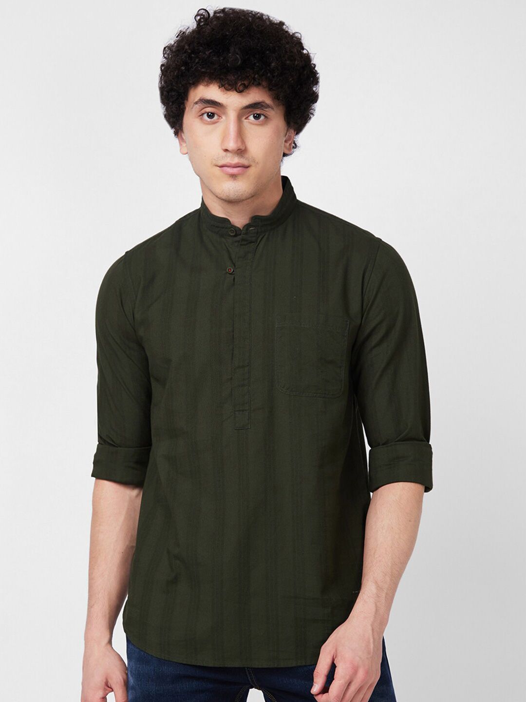 SPYKAR band collar Long Sleeves Striped Regular Fit Casual Pure Cotton Shirt
