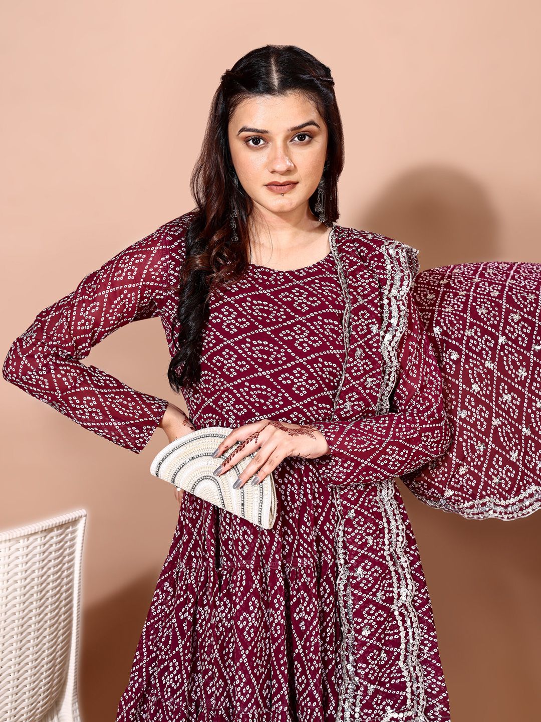 KALINI Bandhani Printed Tiered Anarkali Georgette Kurta With Trouser & Dupatta