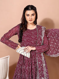 KALINI Bandhani Printed Tiered Anarkali Georgette Kurta With Trouser & Dupatta