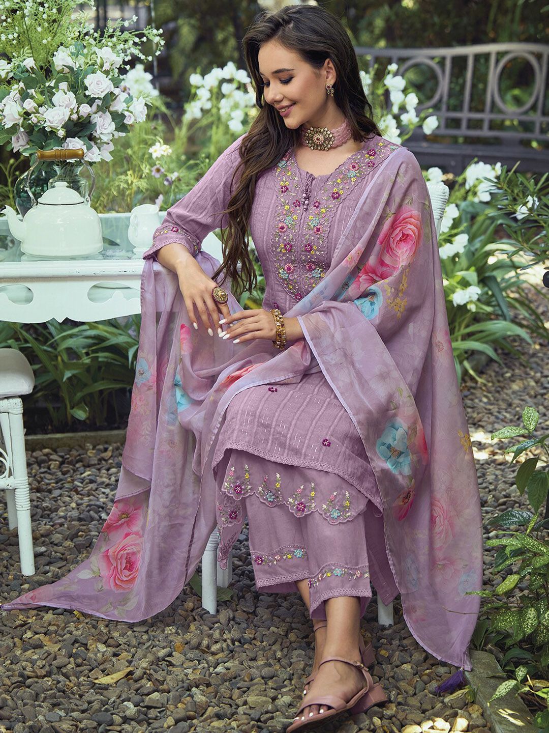Indo Era Lavender & Red Floral Embroidered Pure Cotton Kurta With Trousers & Dupatta