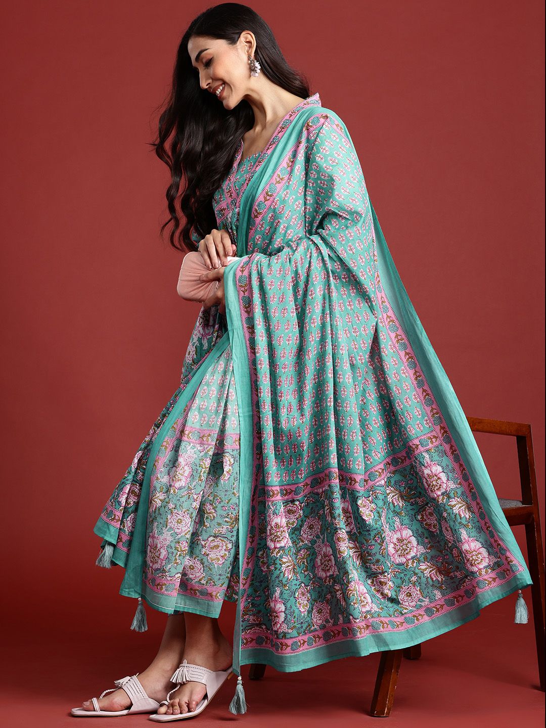 Indo Era Women Floral Printed Empire Sequinned Pure Cotton Kurta With Trousers & Dupatta