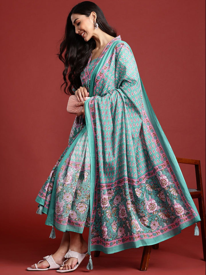 Indo Era Women Floral Printed Empire Sequinned Pure Cotton Kurta With Trousers & Dupatta
