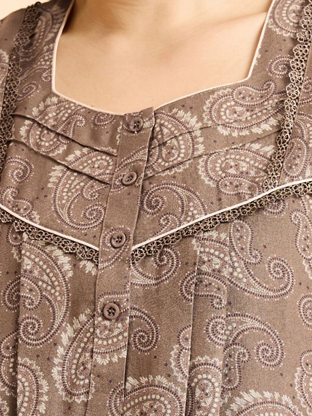 Sweet Dreams Brown Ethnic Motifs Printed Pure Cotton Maxi Nightdress