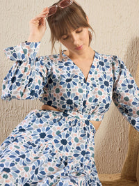 SASSAFRAS Teal Blue Floral Printed V Neck Cut Out Tiered Maxi Dress